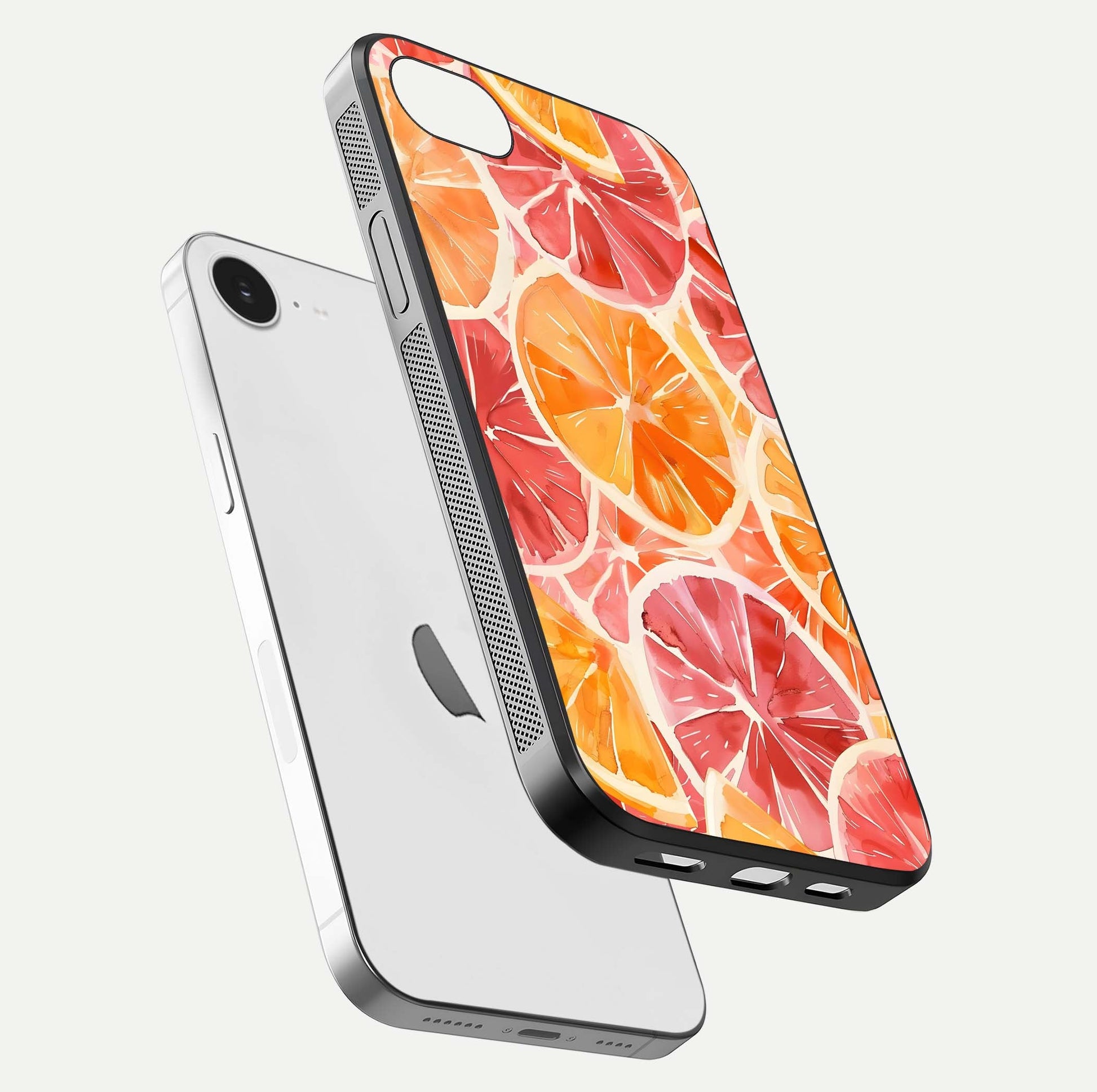 Orange Fruits Pattern Glass Case for iPhone 16e floating dual-view mockup showing gloss reflection and HD tone