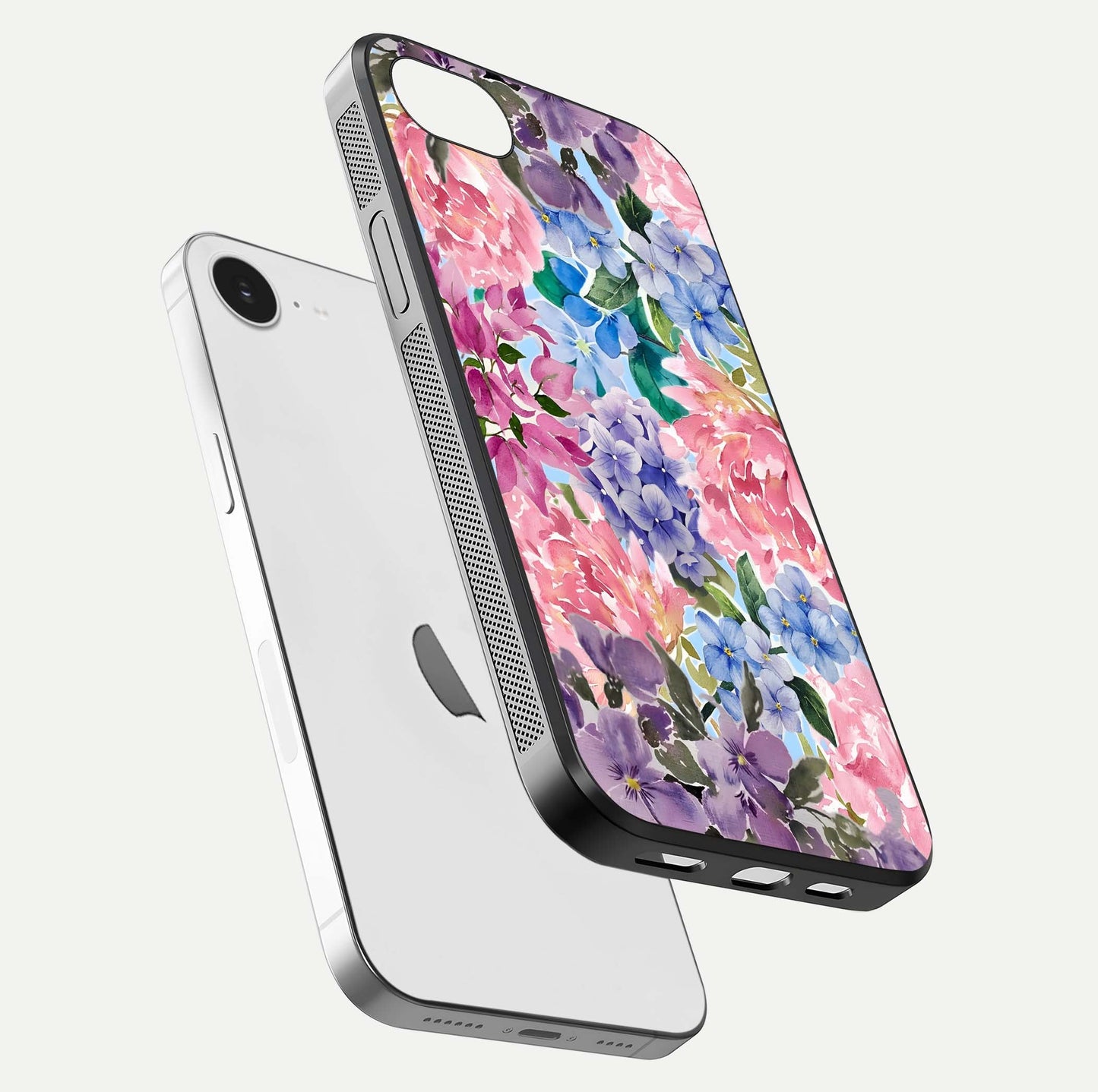 Pastel Floral Mix Glass Case for iPhone 16e floating dual-view mockup showing HD gloss and floral texture