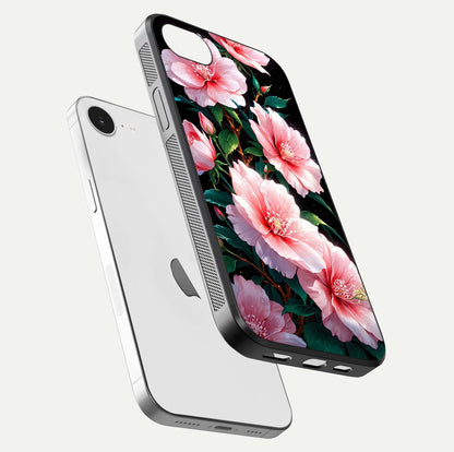 Peach Flower Glass Case for iPhone 16e floating dual-view mockup displaying shine and delicate flower art
