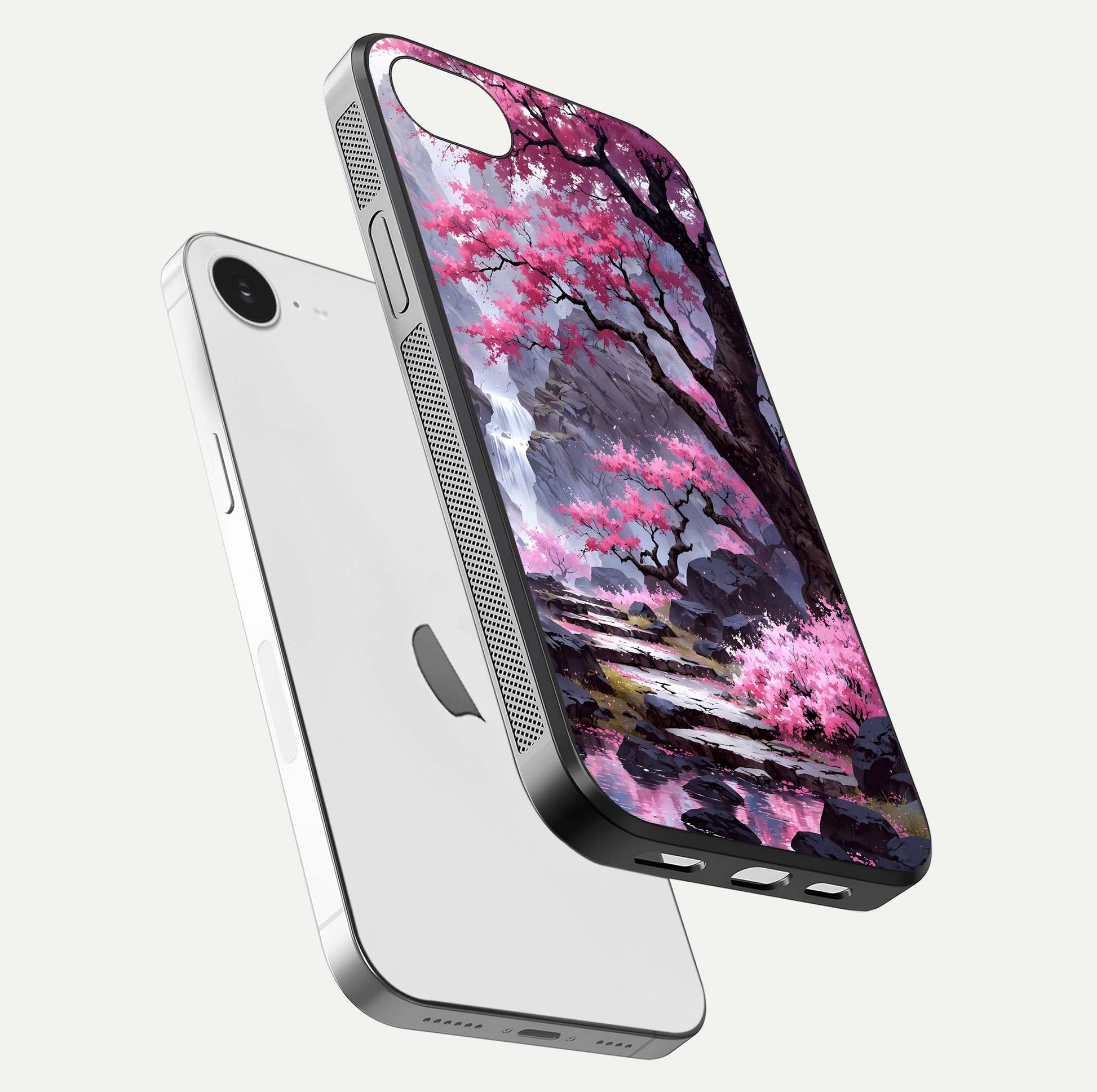 Pinkish Scenery Glass Case for iPhone 16e floating dual-view mockup displaying gloss shine and artistic tone