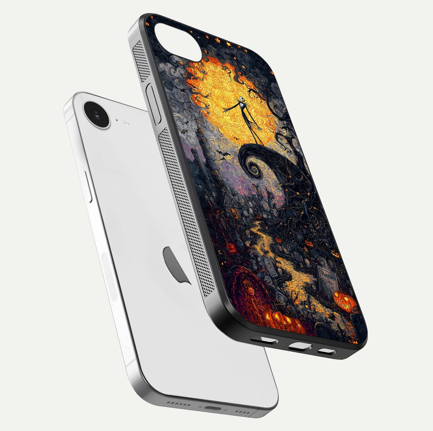 Pumpkin Moon Night Glass Case for iPhone 16e floating dual-view mockup showing HD gloss and spooky detail