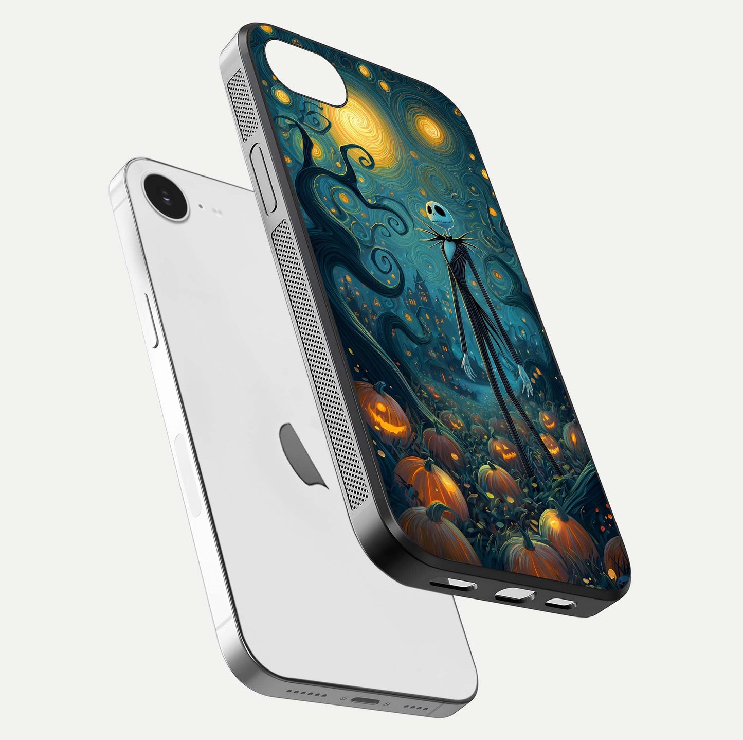 Pumpkin Moonlight Tale Glass Case for iPhone 16e floating dual-view mockup showing HD gloss and eerie design