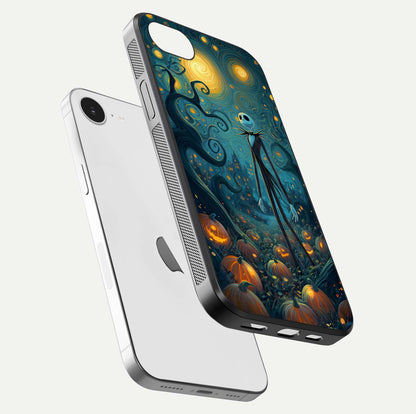 Pumpkin Moonlight Tale Glass Case for iPhone 16e floating dual-view mockup showing HD gloss and eerie design