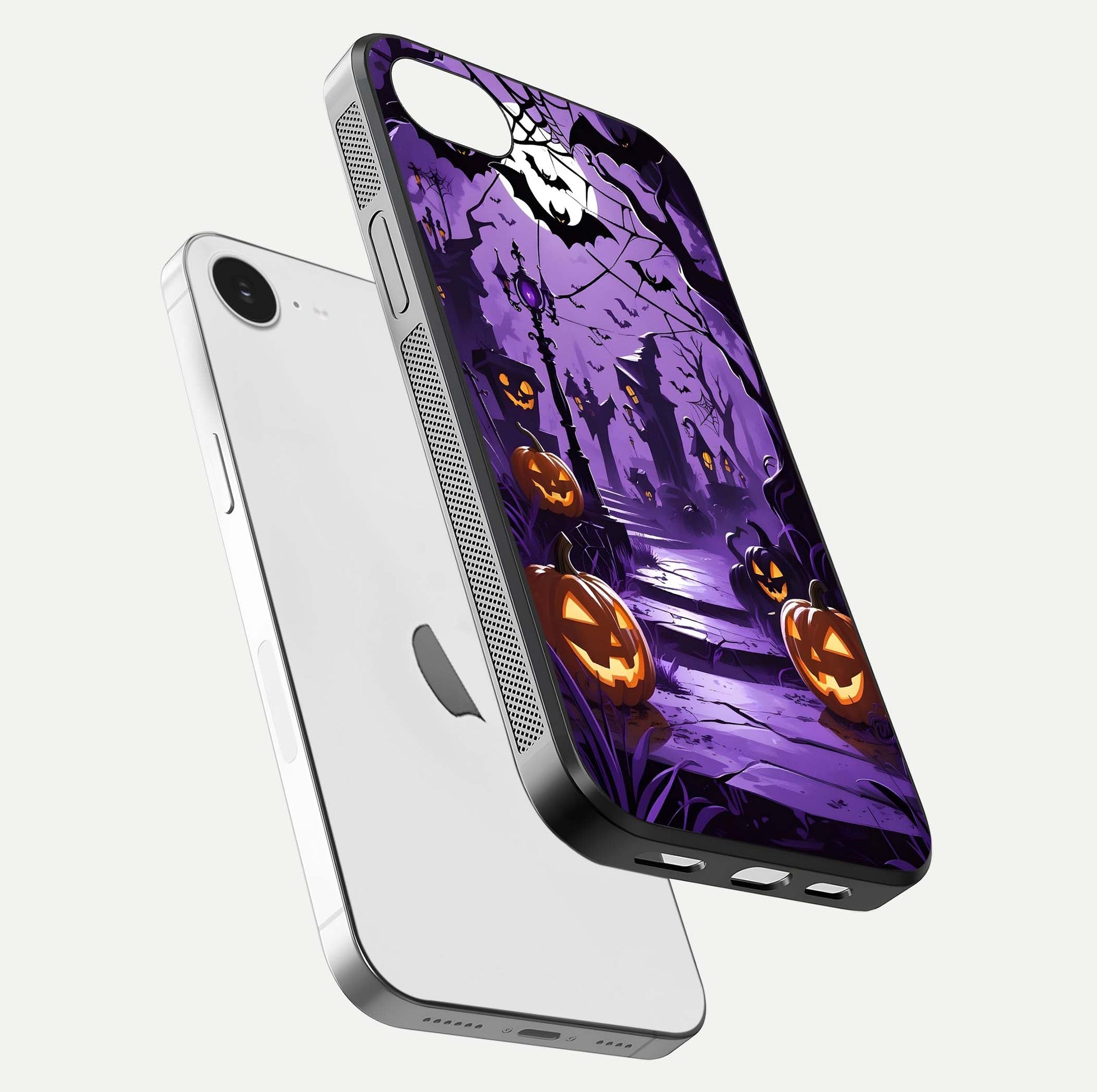 Pumpkin Patch Halloween Glass Case for iPhone 16e floating dual-view mockup displaying gloss and dark tone