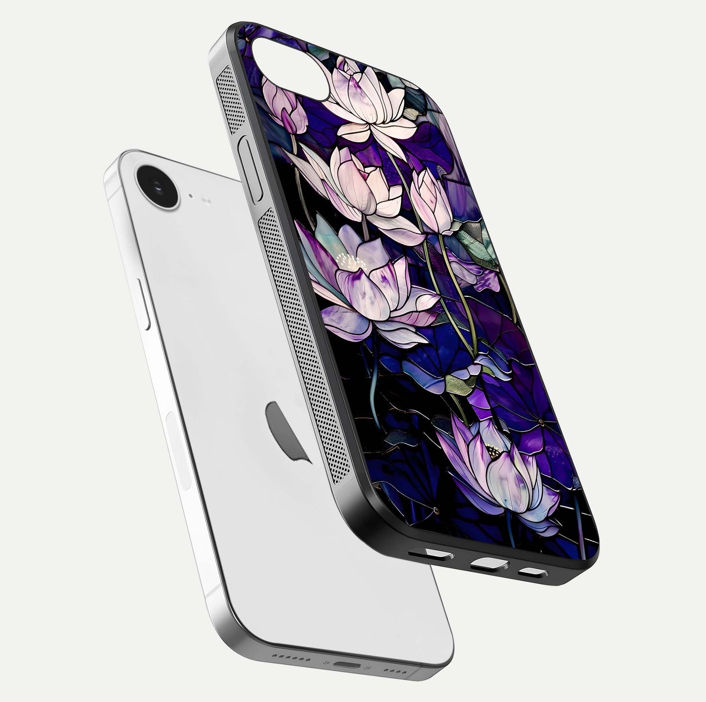 Purple Lotus Pattern Glass Case for iPhone 16e floating dual-view mockup showing glass shine and vivid purple hue