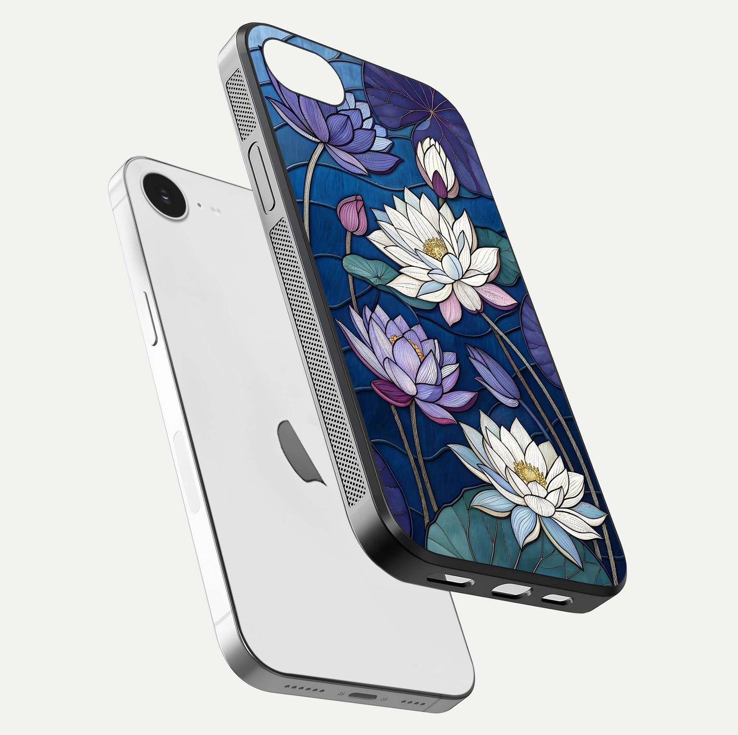 Purple Lotus Stained Glass Case for iPhone 16e floating dual-view mockup displaying color depth and glass clarity