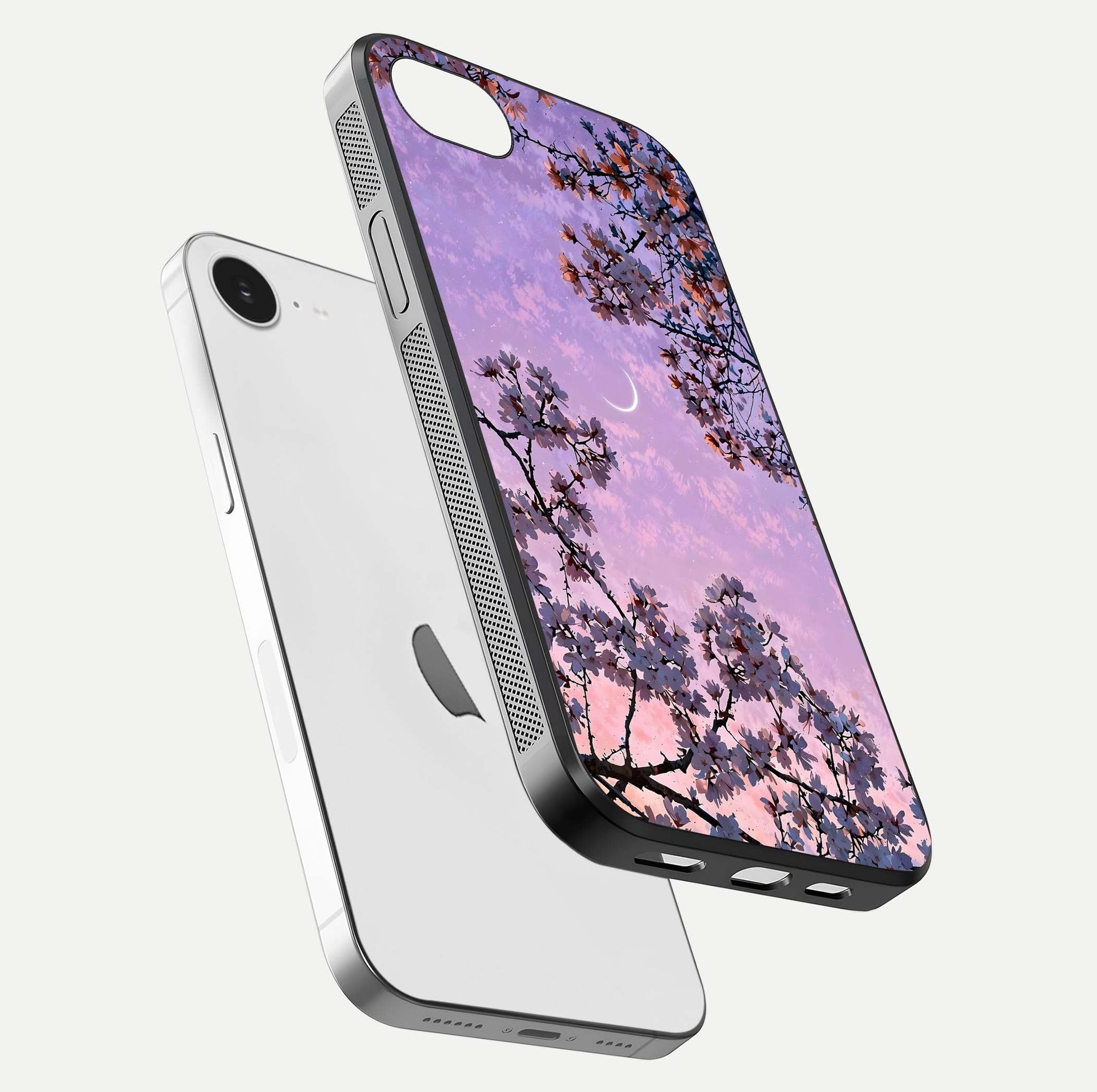 Purple Serenity Moon Glass Case for iPhone 16e floating dual-view mockup showing gloss and cosmic detail