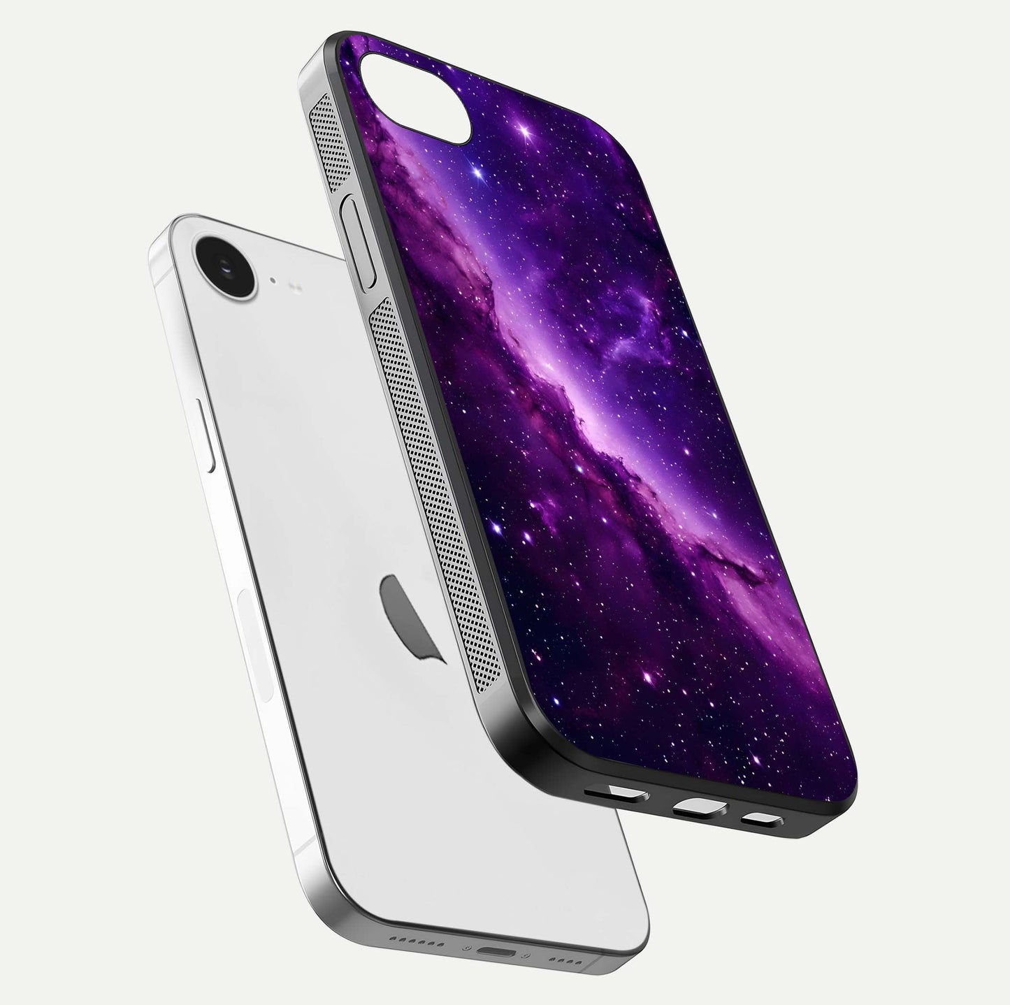 Purple Shade Sky Glass Case for iPhone 16e floating dual-view mockup displaying gloss and sky theme