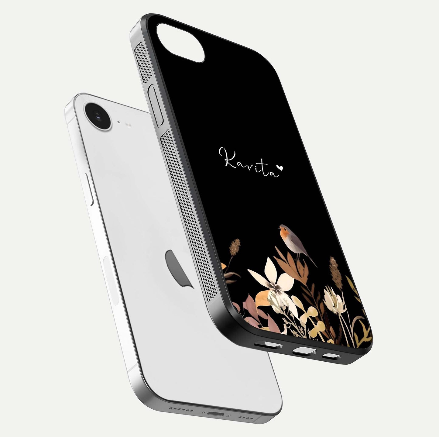Quiet Garden Tune Custom Name Glass Case for iPhone 16e floating dual-view mockup showing gloss and elegant detail