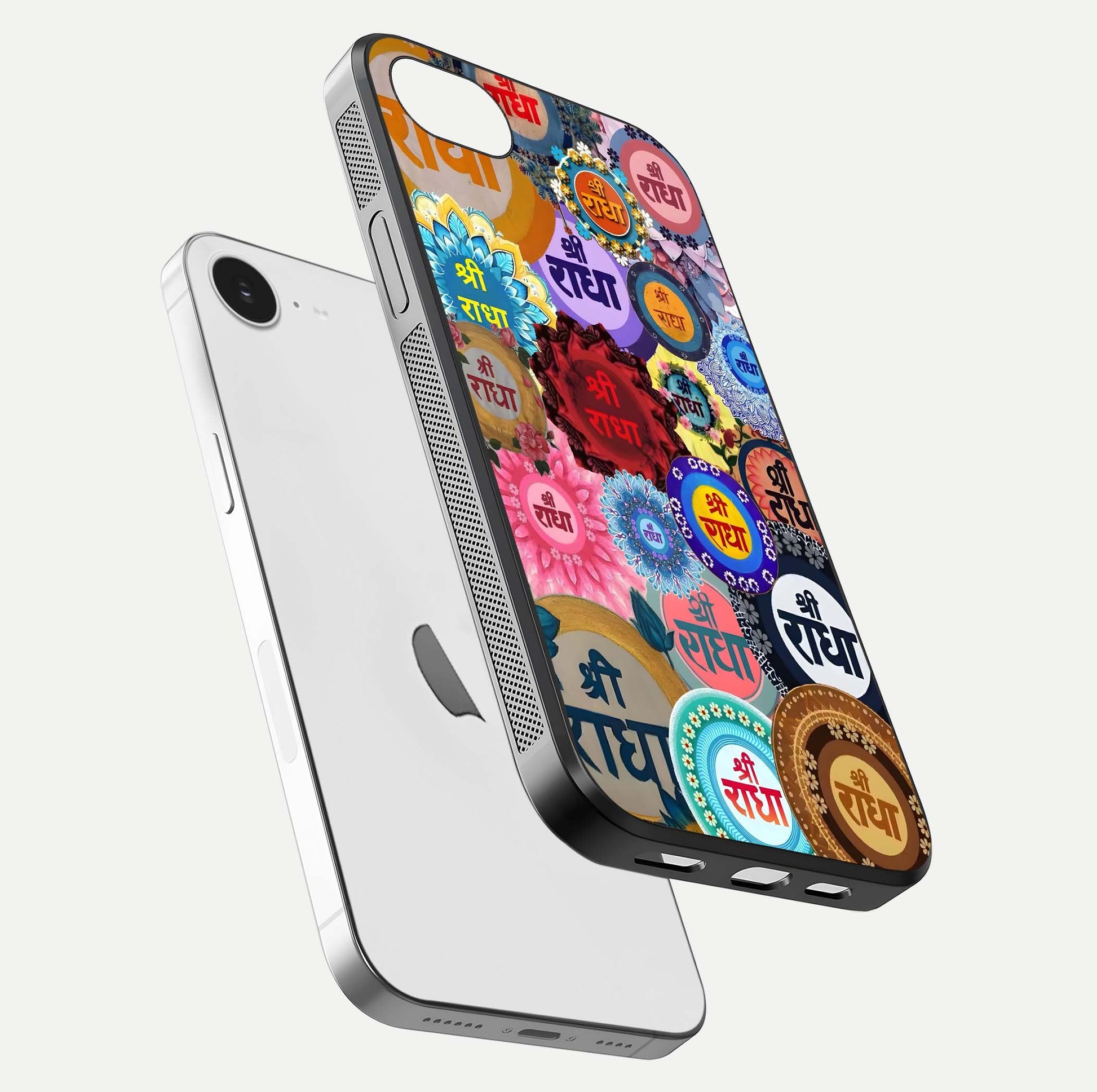 Radha Divine Bloom Glass Case for iPhone 16e floating dual-view mockup showing gloss depth and HD art