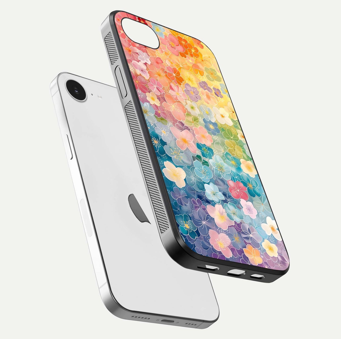 Rainbow Blossom Burst Glass Case for iPhone 16e floating dual-view mockup displaying gloss and gradient pattern