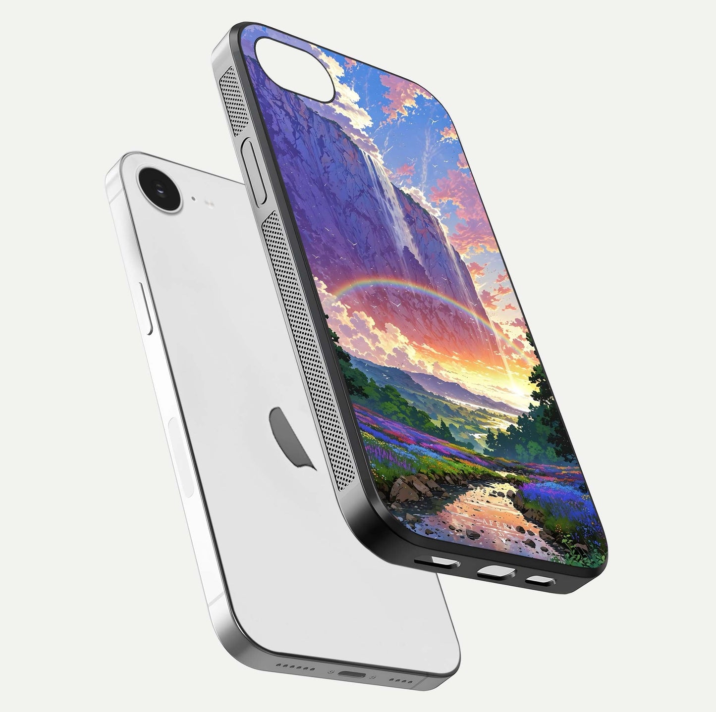 Rainbow Valley Dream Glass Case for iPhone 16e floating dual-view mockup showing gloss texture and dream vibe