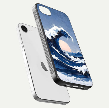 Rising Tide Power Glass Case for iPhone 16e floating dual-view mockup displaying gloss texture and flow pattern