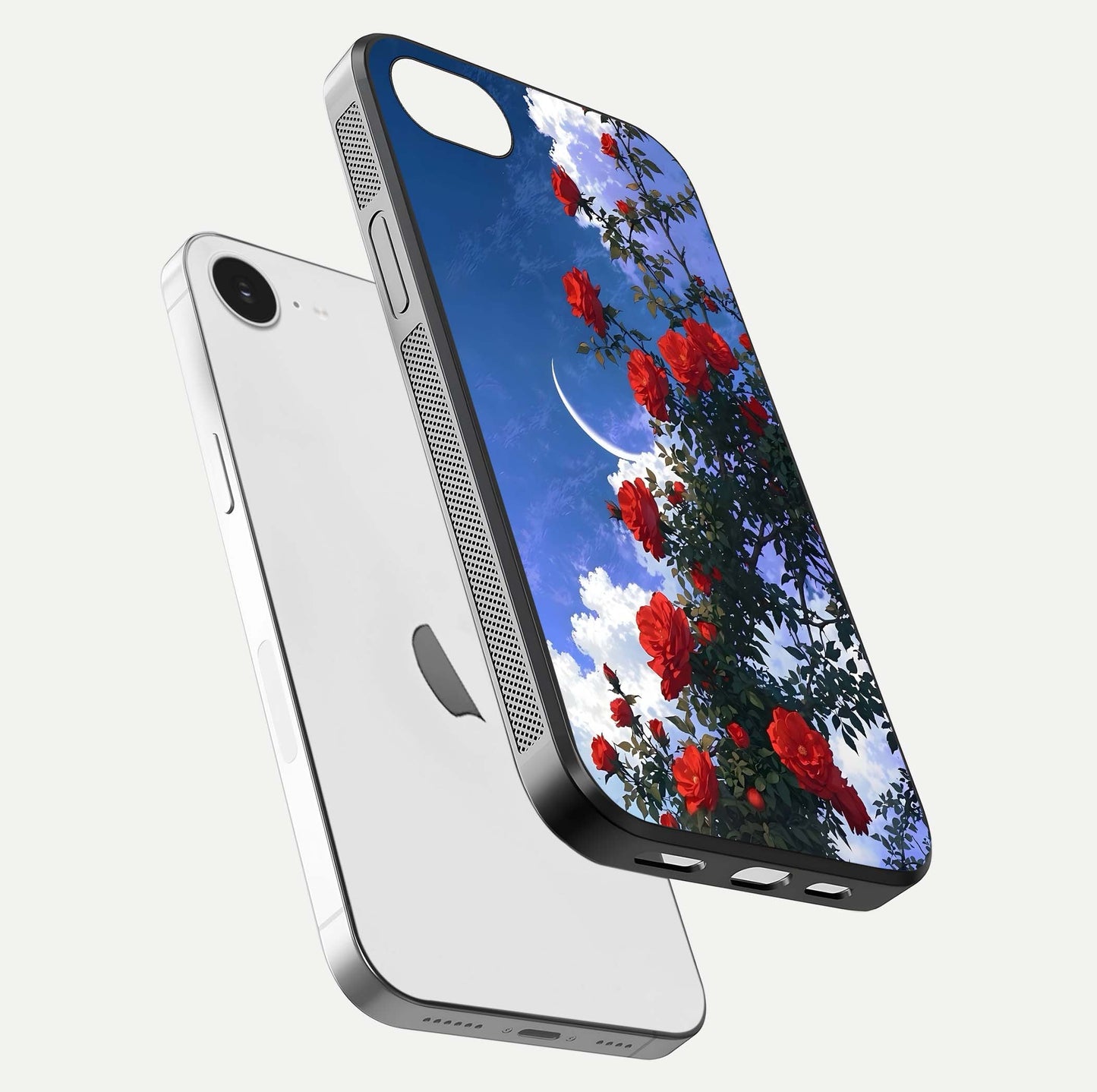 Rose Drift Flowers Glass Case for iPhone 16e floating dual-view mockup showing gloss shine and floral tone