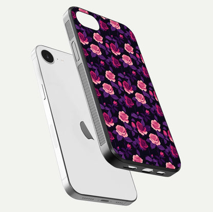 Rose Garden Twilight Glass Case for iPhone 16e floating dual-view mockup displaying gloss surface and depth