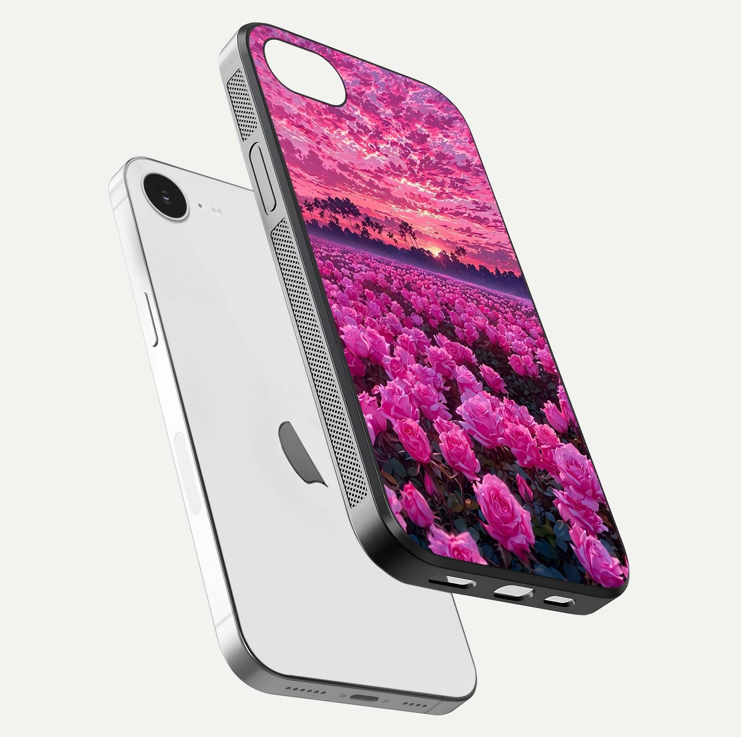 Rose Sunset Valley Glass Case for iPhone 16e floating dual-view mockup showing gloss reflection and art depth