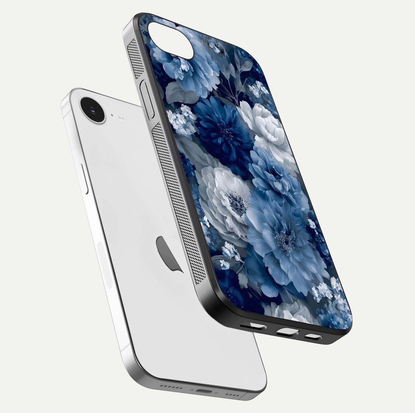 Royal Bloom Garden Glass Case for iPhone 16e floating dual-view mockup displaying gloss and print clarity