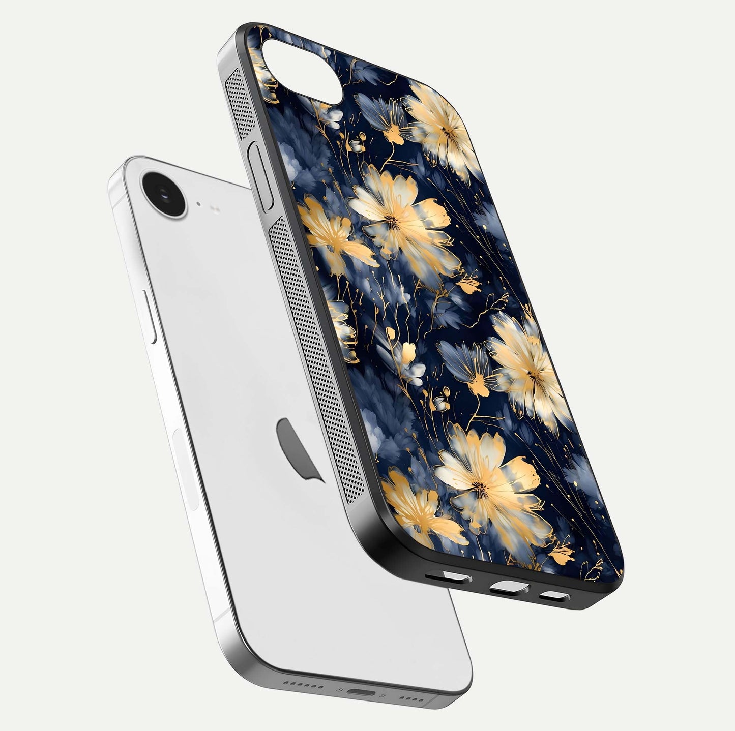 Royal Petal Dream Glass Case for iPhone 16e floating dual-view mockup displaying gloss reflection and tone contrast