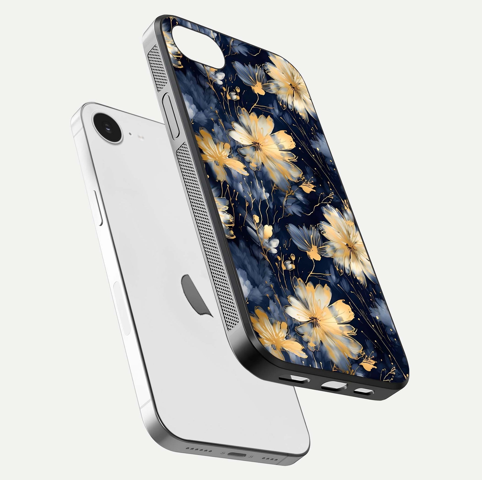Royal Petal Dream Glass Case for iPhone 16e floating dual-view mockup displaying gloss reflection and tone contrast