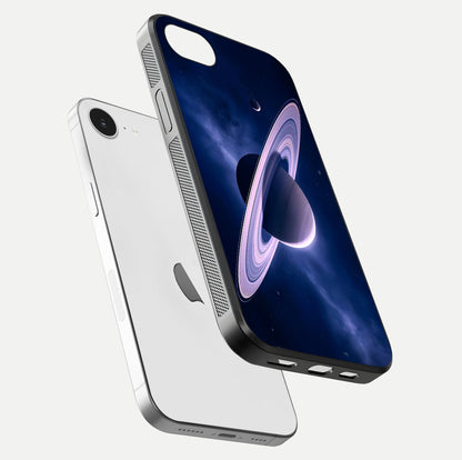 Saturn Ring Mystique Glass Case for iPhone 16e floating dual-view mockup showing gloss finish and star detail