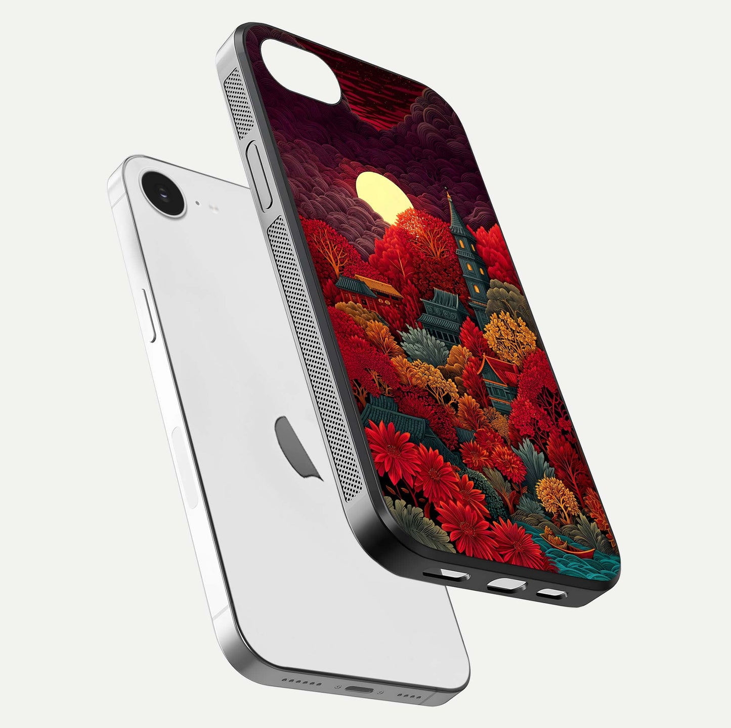 Scarlet Autumn Temple Glass Case for iPhone 16e floating dual-view mockup displaying gloss shine and autumn tones