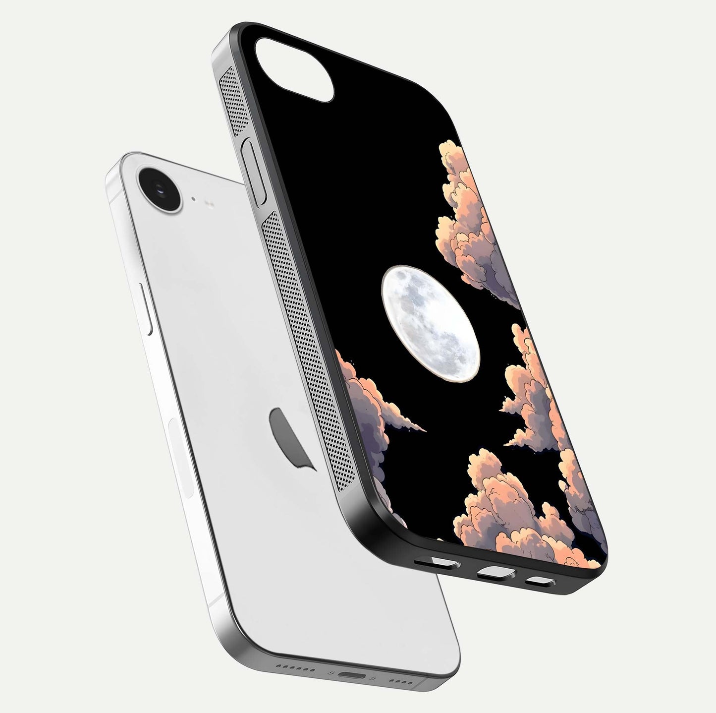 Shade Cloud Moon Glass Case for iPhone 16e floating dual-view mockup showing gloss and celestial texture