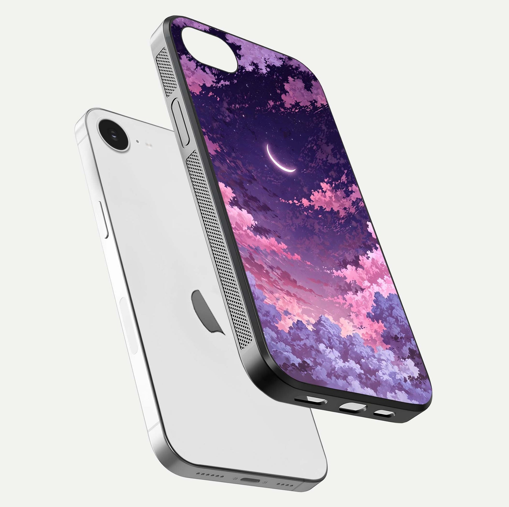 Sky Drift Clouds Glass Case for iPhone 16e floating dual-view mockup displaying gloss shine and depth