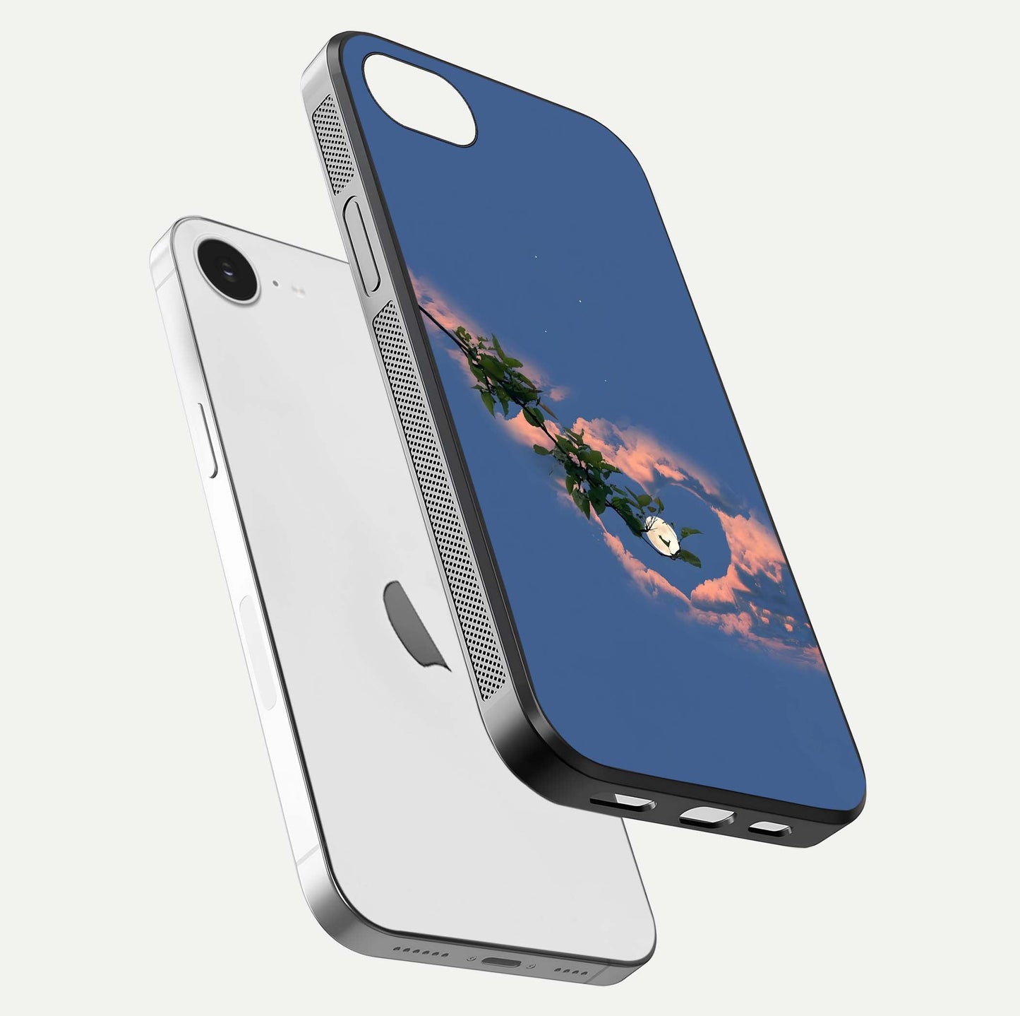 Sky Under Tree Glass Case for iPhone 16e floating dual-view mockup displaying gloss reflection and landscape tone