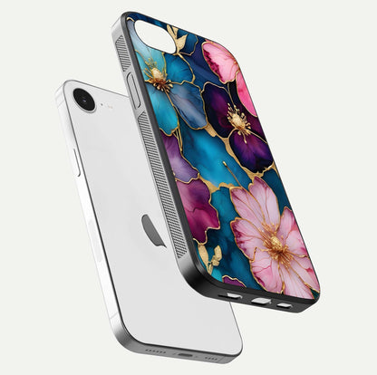 Sparkle Floral Glass Case for iPhone 16e floating dual-view mockup displaying gloss surface and sparkle effect