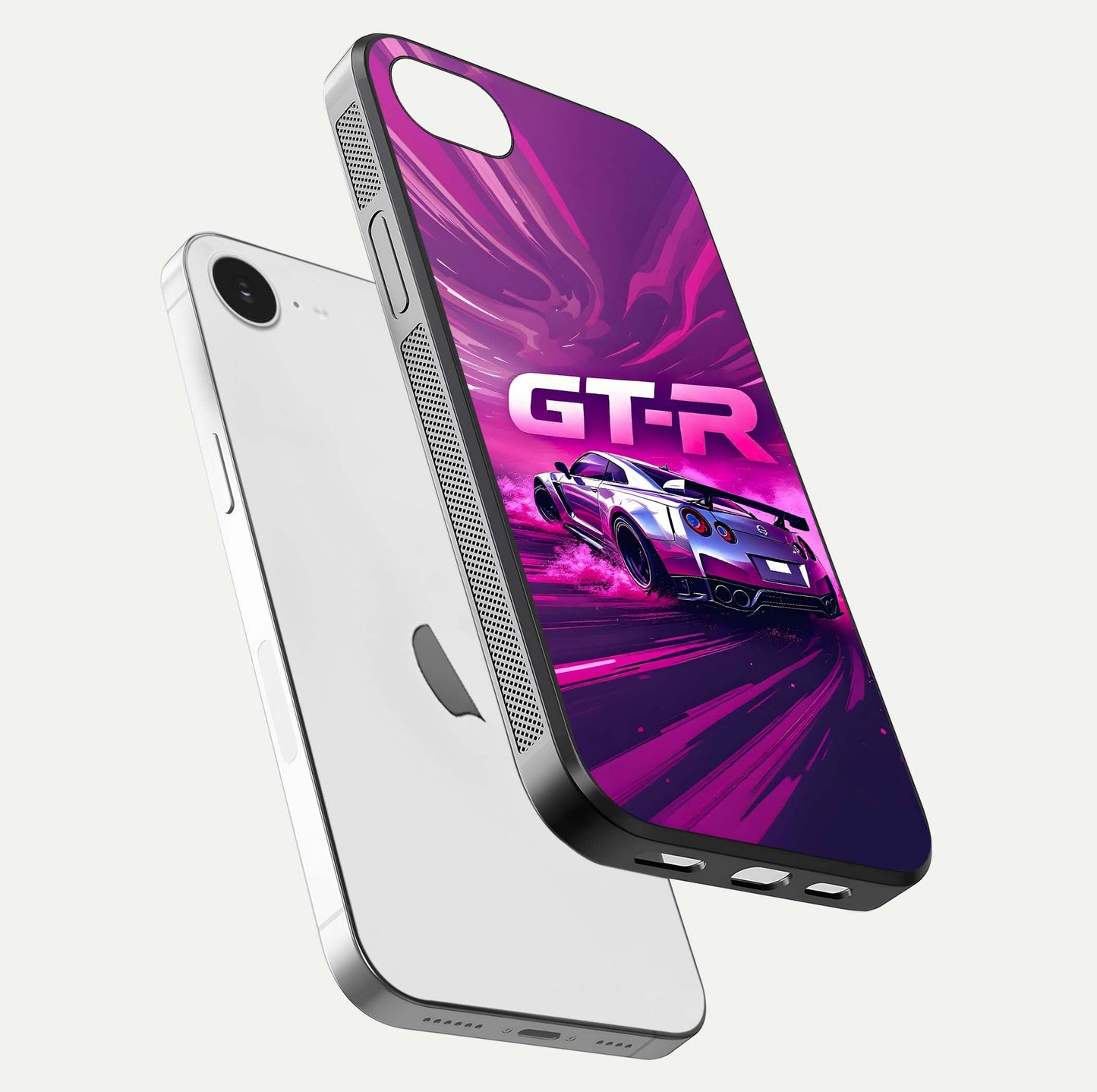 Speed Drift Legend Glass Case for iPhone 16e floating dual-view mockup displaying gloss shine and motion effect