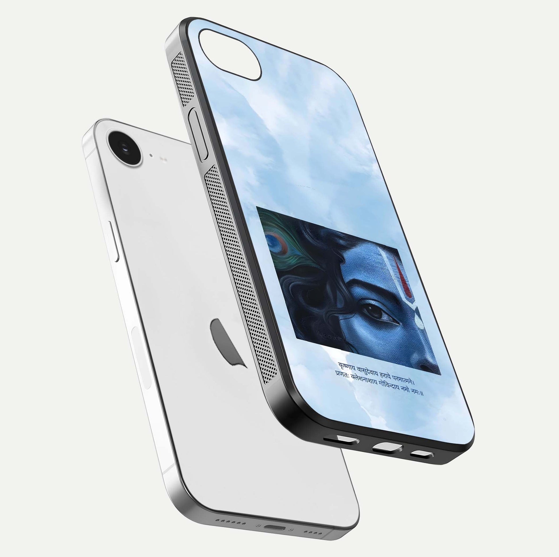 Spiritual Krishna Glass Case for iPhone 16e floating dual-view mockup displaying gloss shine and divine detail