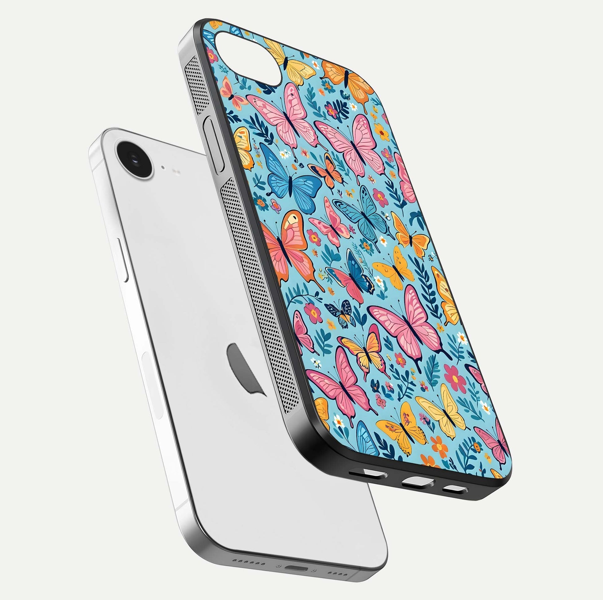 Spring Wing Garden Glass Case for iPhone 16e floating dual-view mockup showing gloss texture and vivid print