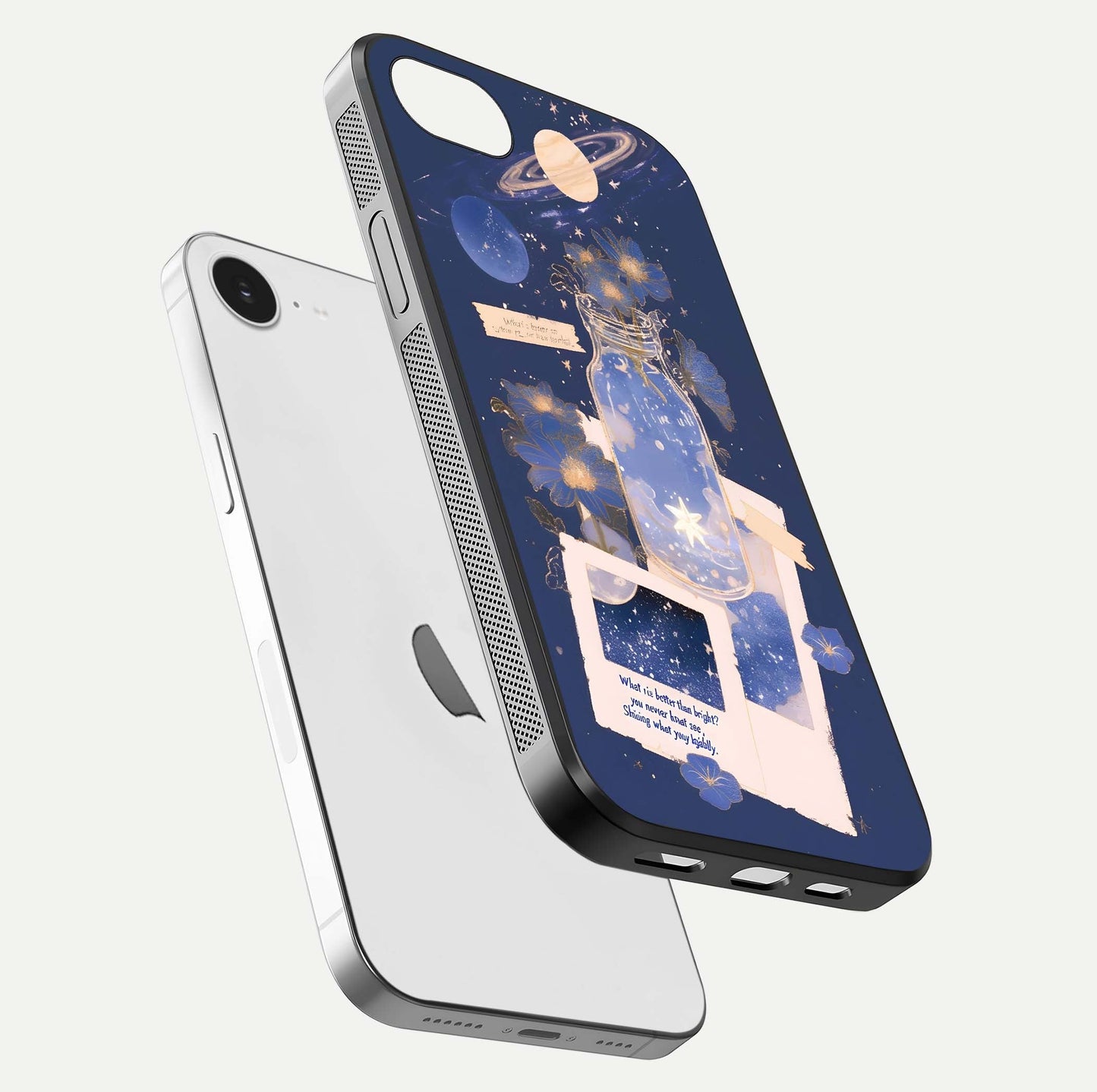 Starlit Cosmic Jar Glass Case for iPhone 16e floating dual-view mockup displaying gloss and starry depth