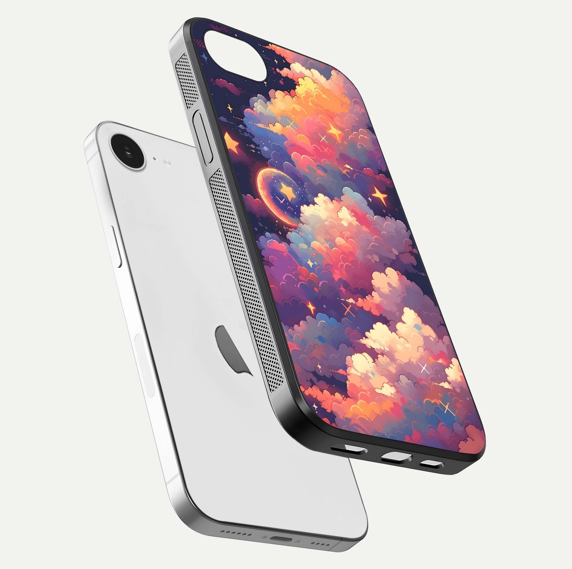 Starlit Dream Clouds Glass Case for iPhone 16e floating dual-view mockup displaying gloss and soft light detail