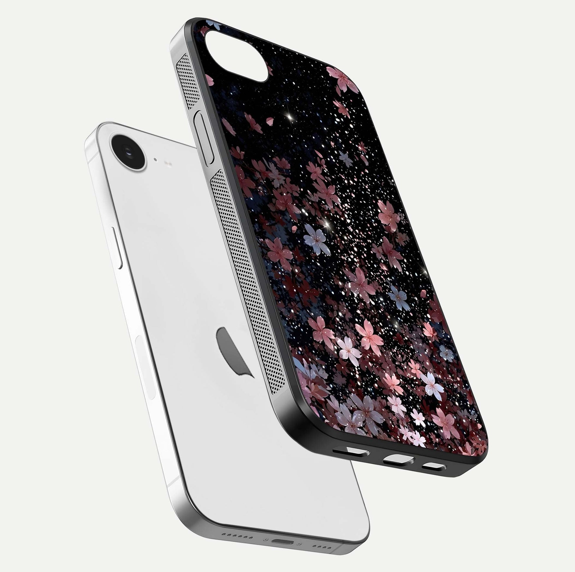 Starlit Flower Dreams Glass Case for iPhone 16e floating dual-view mockup displaying gloss and print clarity