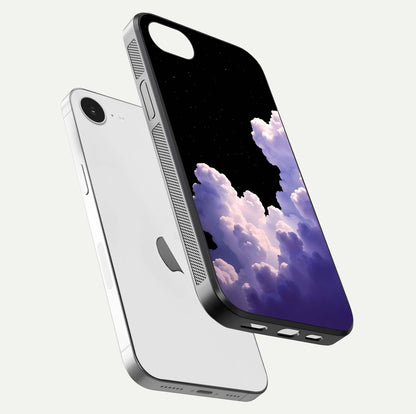 Starlit Night Whispers Glass Case for iPhone 16e floating dual-view mockup displaying gloss surface and depth