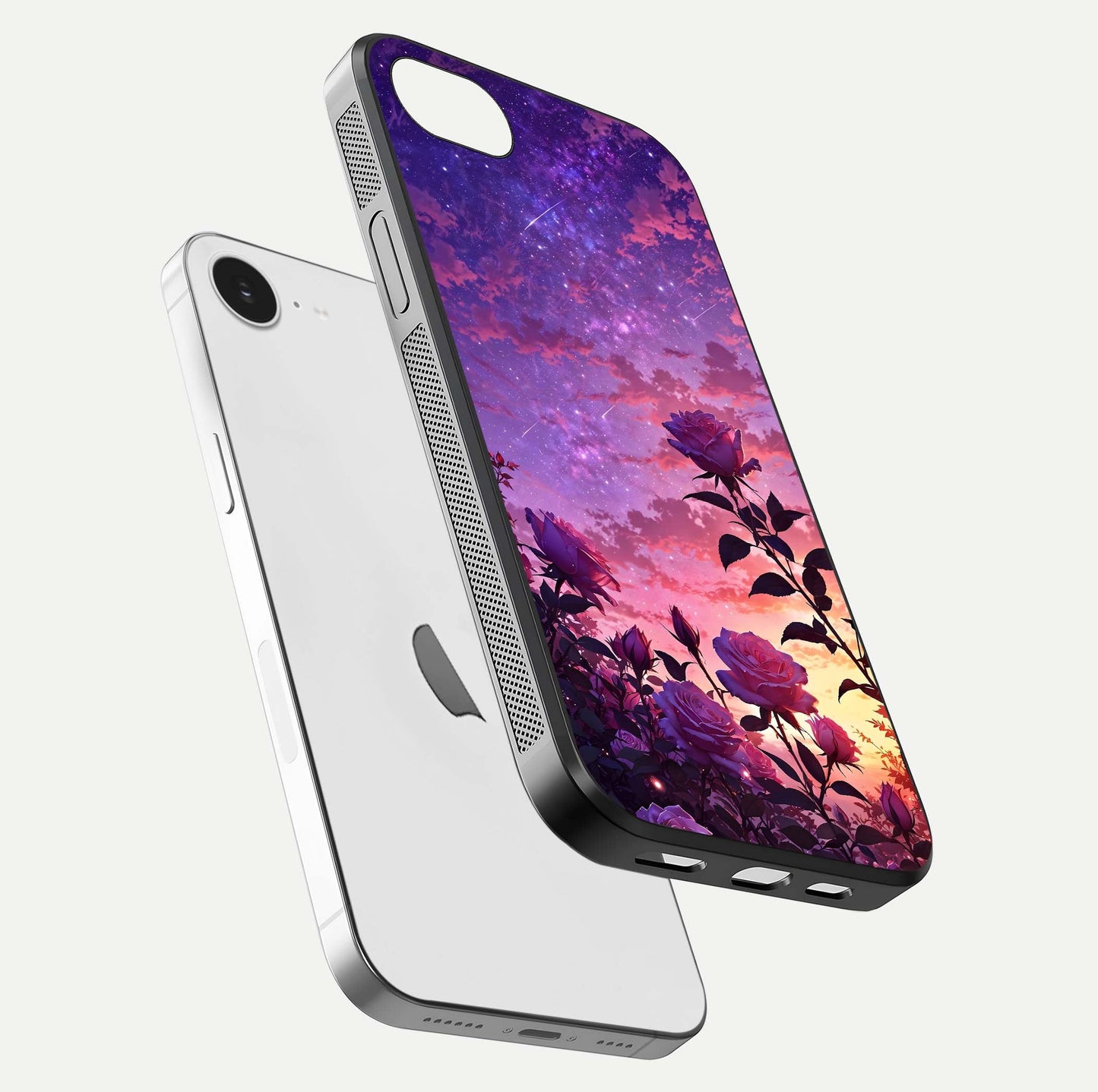 Starlit Rose Twilight Glass Case for iPhone 16e floating dual-view mockup displaying gloss shine and depth