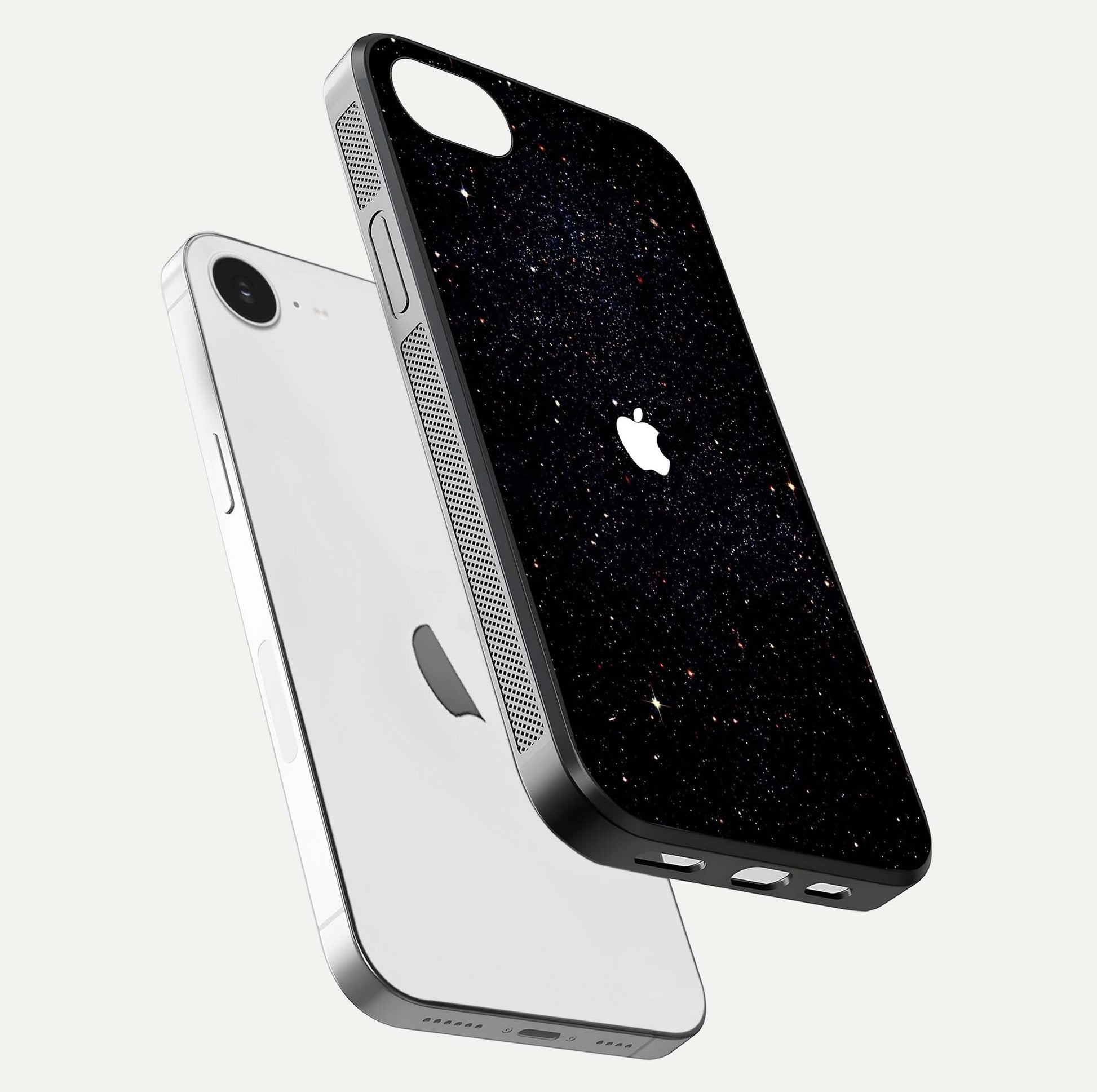 Starry Apple Galaxy Glass Case for iPhone 16e floating dual-view mockup displaying reflection and shine