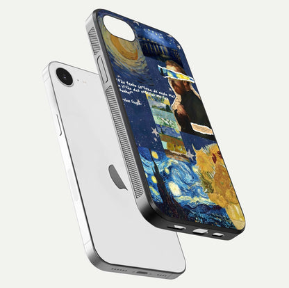 Starry Dream Vision Glass Case for iPhone 16e floating dual-view mockup displaying gloss surface and clarity