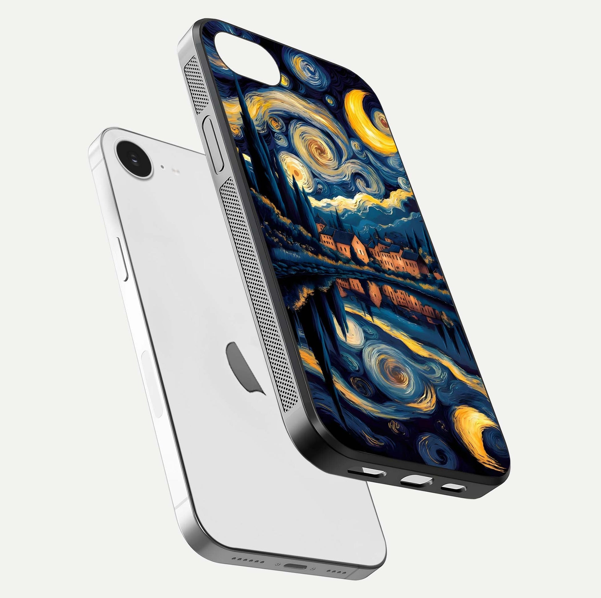 Starry Sky Serenity Glass Case for iPhone 16e floating dual-view mockup displaying gloss texture and shine