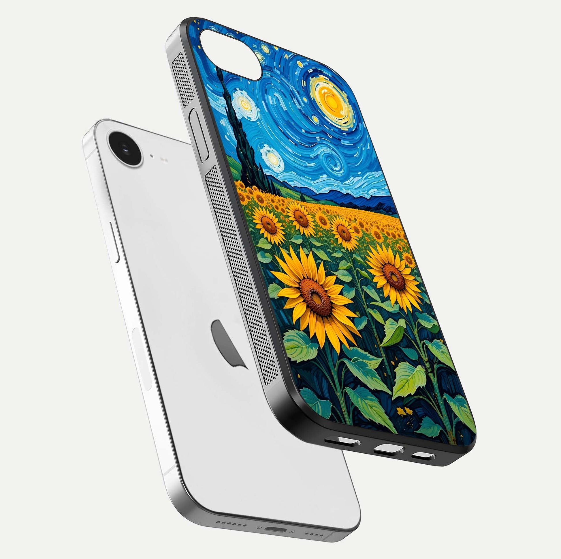 Starry Sunflower Dreams Glass Case for iPhone 16e floating dual-view mockup displaying gloss and vivid print