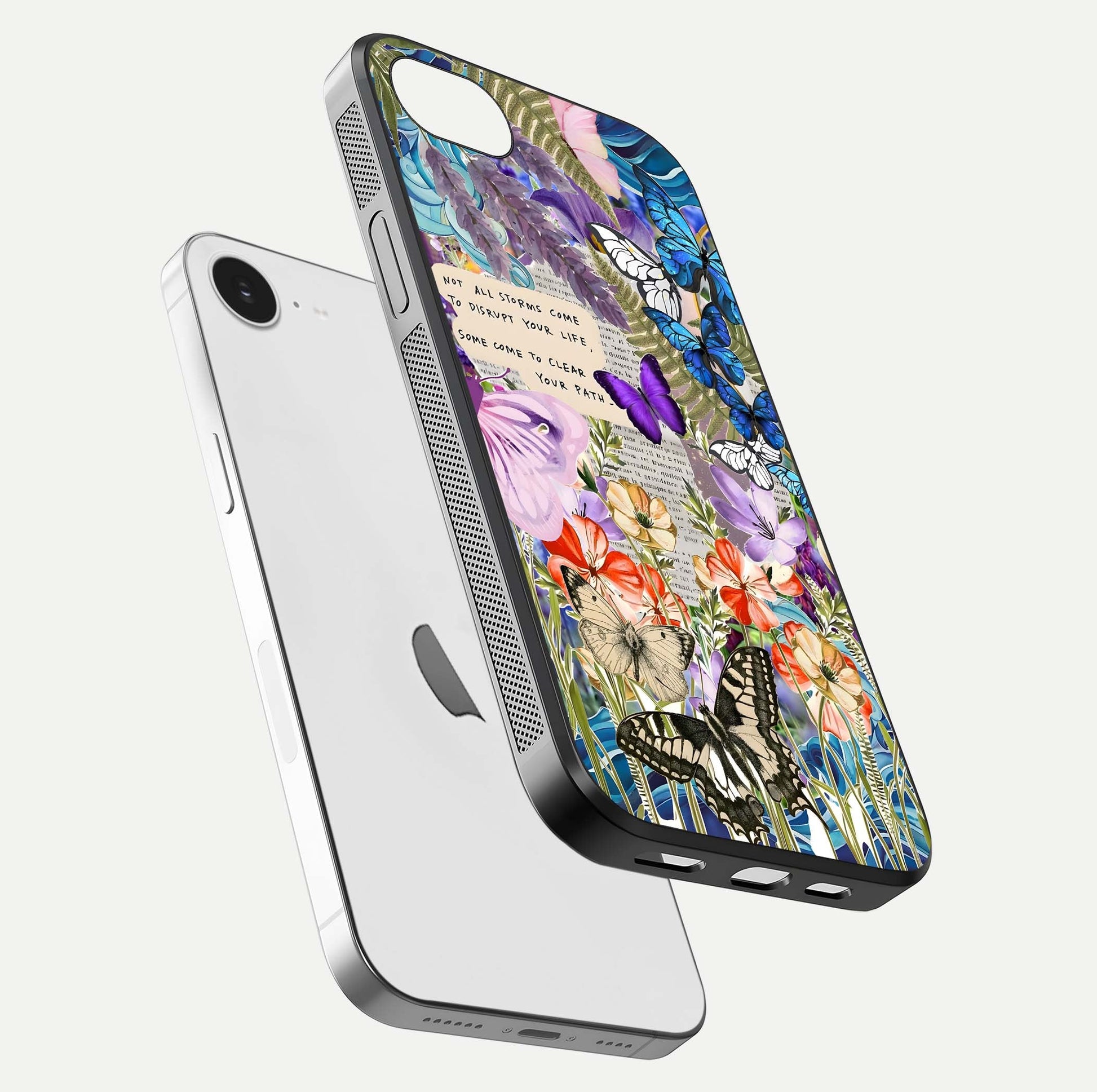 Storm Path Bloom Glass Case for iPhone 16e floating dual-view mockup displaying gloss and pattern depth