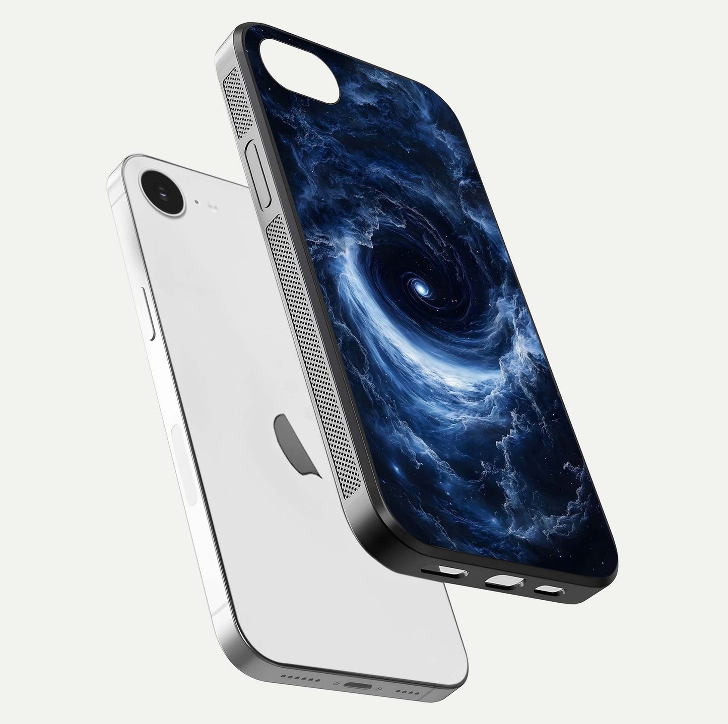 Stunning Galaxy Glass Case for iPhone 16e floating dual-view mockup displaying gloss shine and vivid print depth