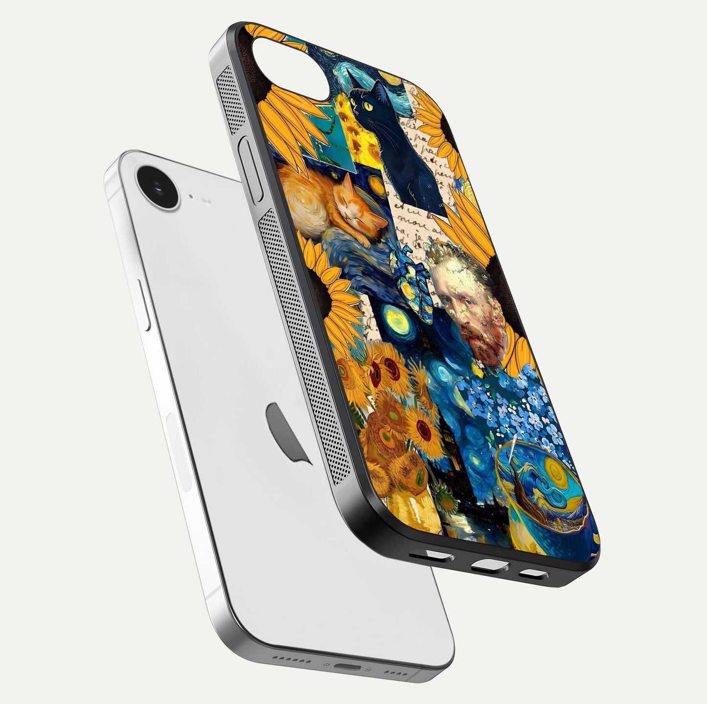 Sunflower Cat Art Glass Case for iPhone 16e floating dual-view mockup displaying gloss shine and HD art print
