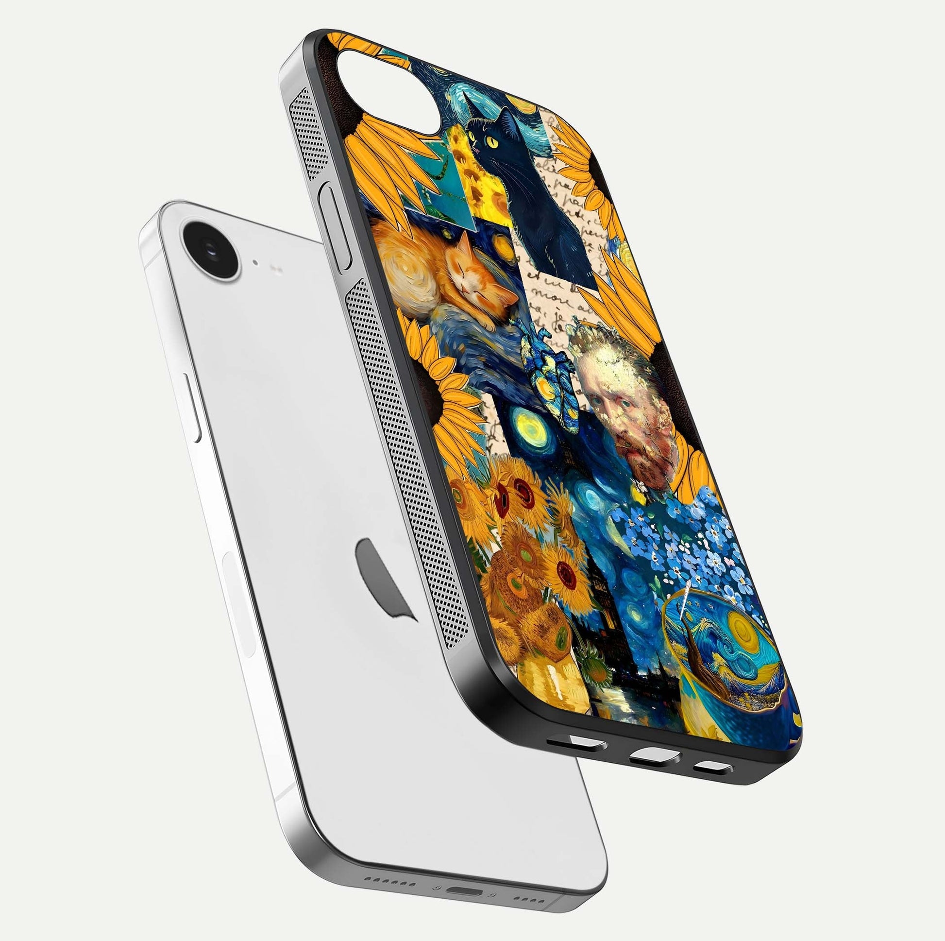 Sunflower Cat Art Glass Case for iPhone 16e floating dual-view mockup displaying gloss shine and HD art print