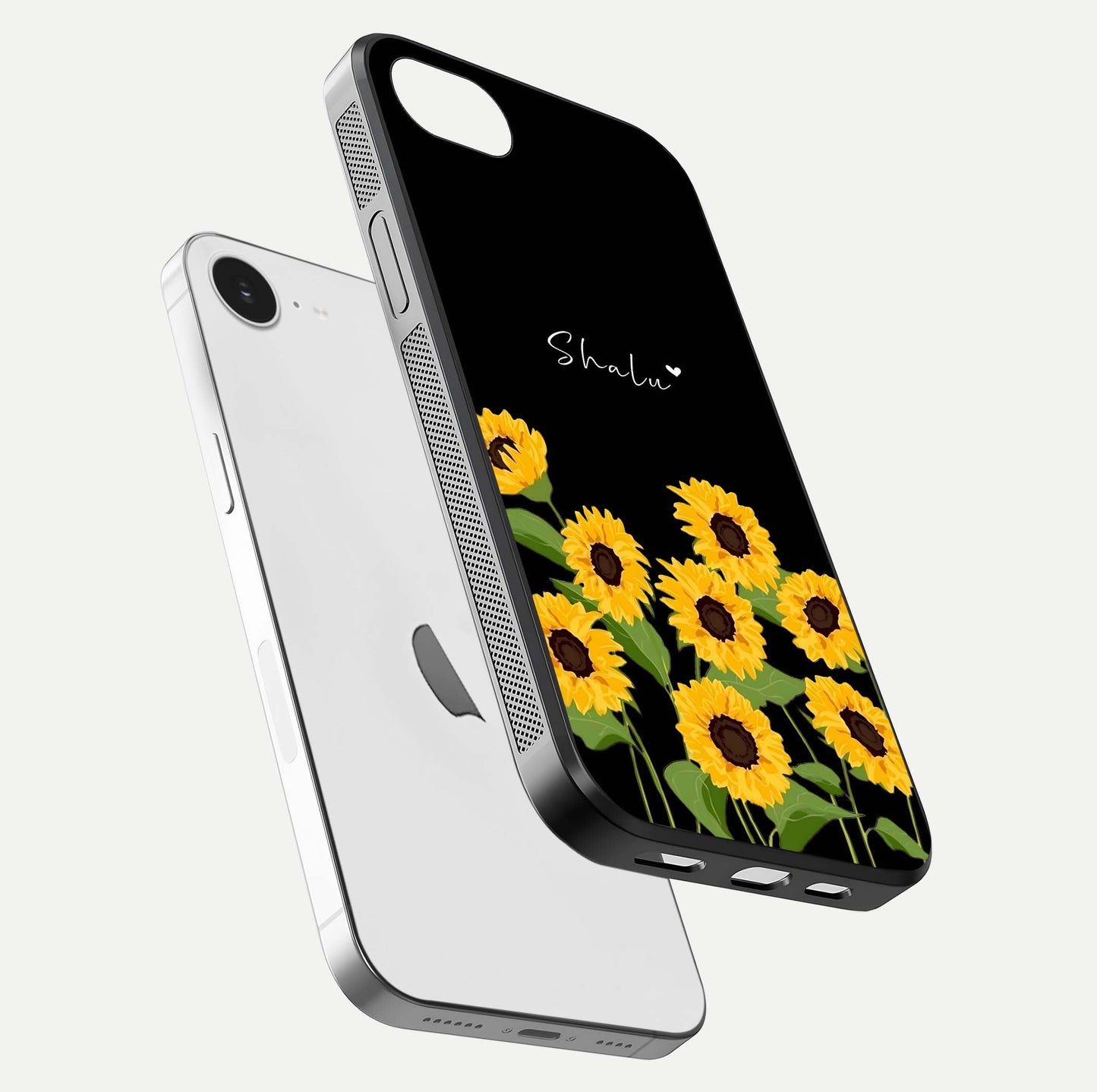 Sunflower Chic Mood Custom Name Glass Case for iPhone 16e floating dual-view mockup displaying gloss texture and detail
