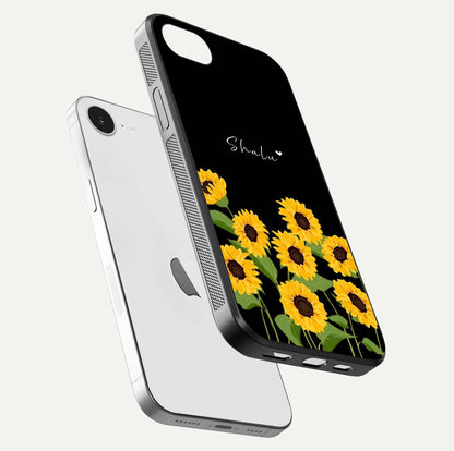 Sunflower Chic Mood Custom Name Glass Case for iPhone 16e floating dual-view mockup displaying gloss texture and detail