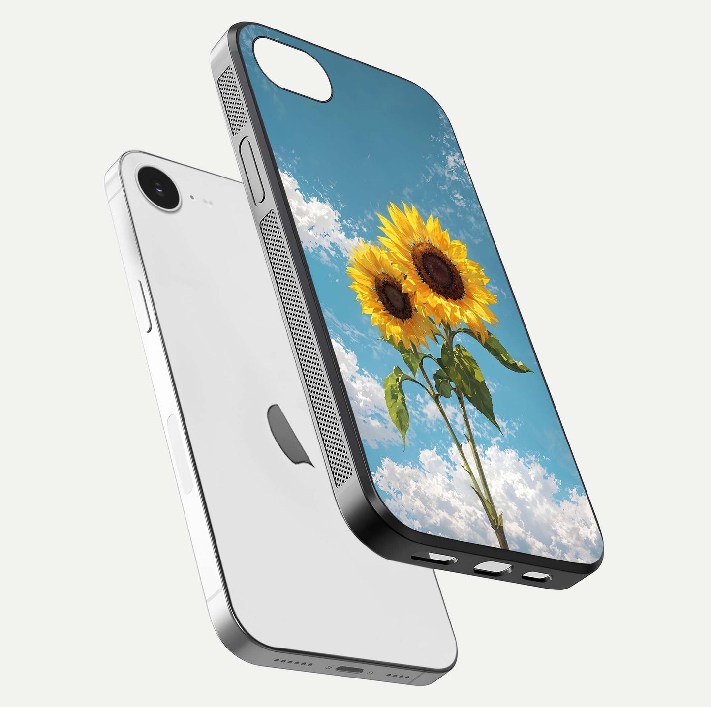 Sunflower Sky Bloom Glass Case for iPhone 16e floating dual-view mockup displaying gloss shine and vibrant texture