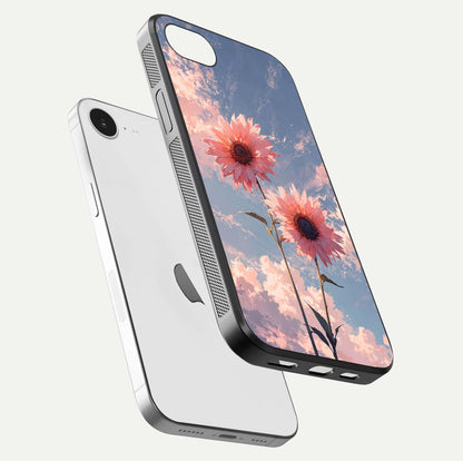 Sunlit Daisy Glow Glass Case for iPhone 16e floating dual-view mockup displaying gloss finish and HD print