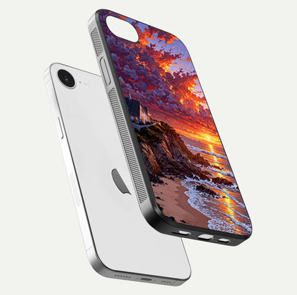 Sunset House by Sea Glass Case for iPhone 16e floating dual-view mockup displaying gloss shine and depth